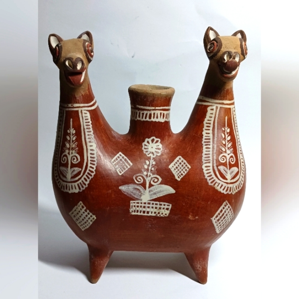 2 Headed Llama Alpaca Pottery Art Drinking Vessel Canteen Handmade Handpainted